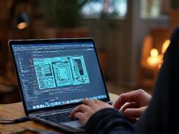 Tech blogger writing on laptop